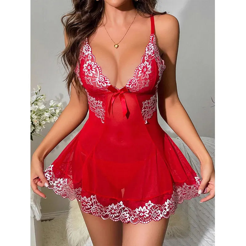 NEW Arrivals S-2XL 5 Colors Short Sexy Deep V-Neck  Women's Nightgown Embroidered Dress Fashions Pajamas Free Thong Night Sleepwear Suspender Baby Doll Lingerie