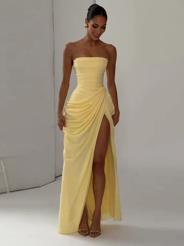 7 Colors Elegant Strapless Women's Dresses Sleeveless Waist Cinching Pleated Split Party Dress Spring Summer Evening Party Trendy Female Fashion