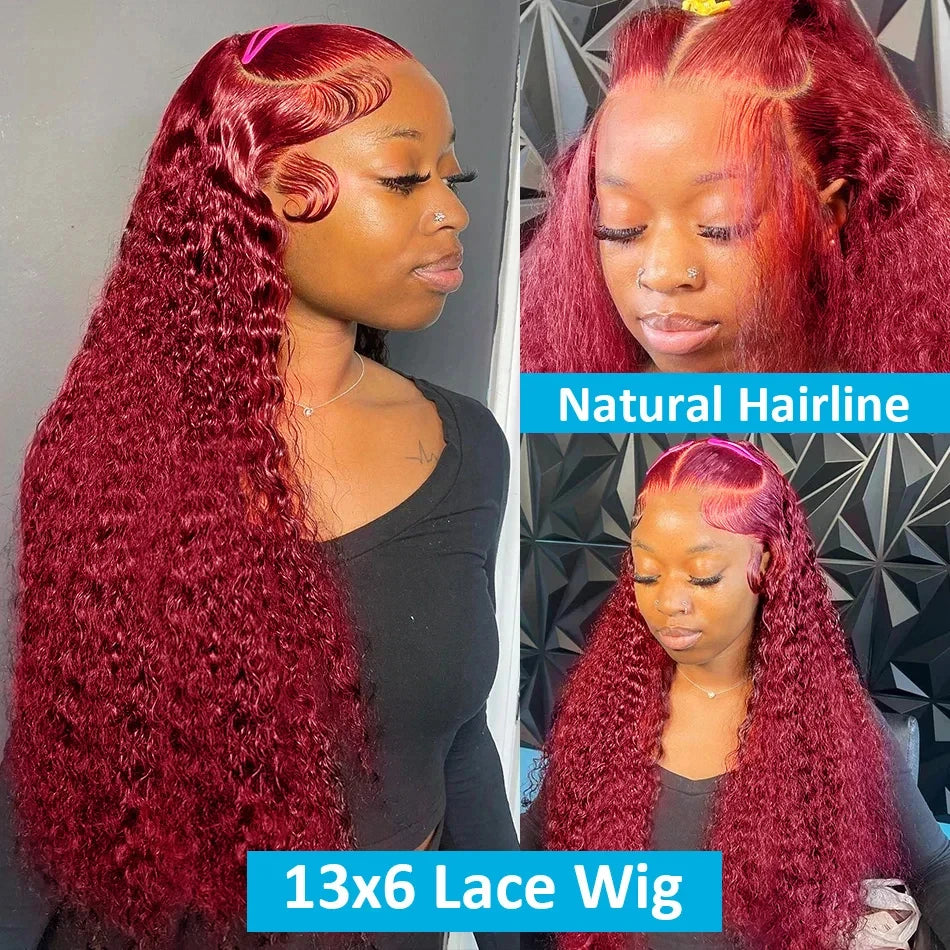 NEW Arrivals 8-36Inches Wet And Wavy 99j Lace Frontal Brazilian Wig Human Hair Burgundy 13x6 HD Lace Frontal Human Natural Hair Wig Red Curly Lace Front Human Hair Wigs