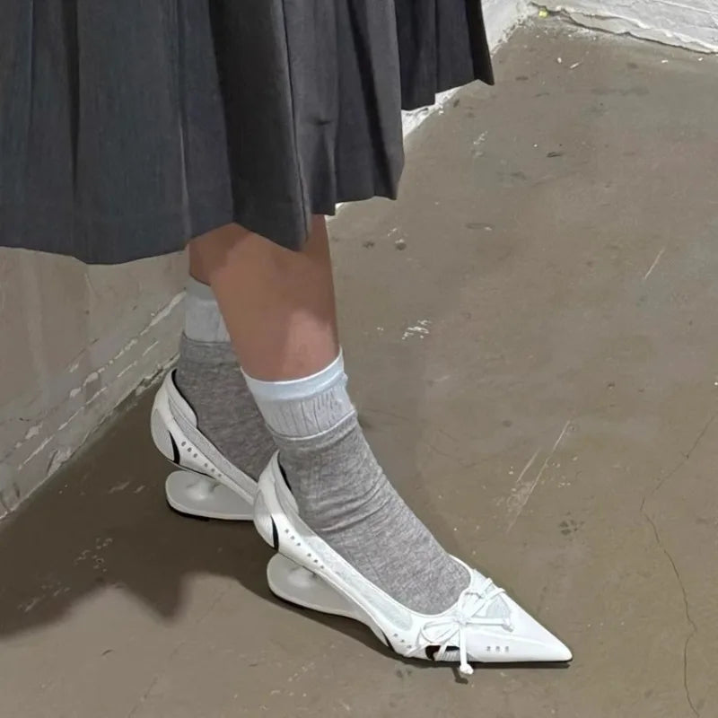 3 Colors New Style Special Heel Spliced Heels Pointed Toe Heels Women's Fashion Shallow Mouth Bow Non-Slip Mary Jane Single Shoes Large 42