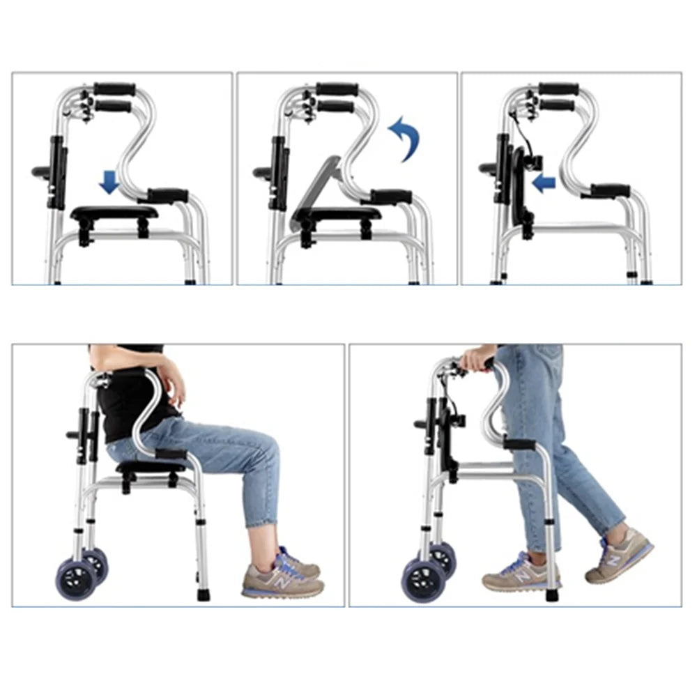 Elderly Disabled Paralyzed People Home Indoor Outdoor Hiking Super Market Shopping Folding Seat Walker With Wheels Rehabilitation Equipment Zimmer Frame Mobility Accessories Health Care Supplies