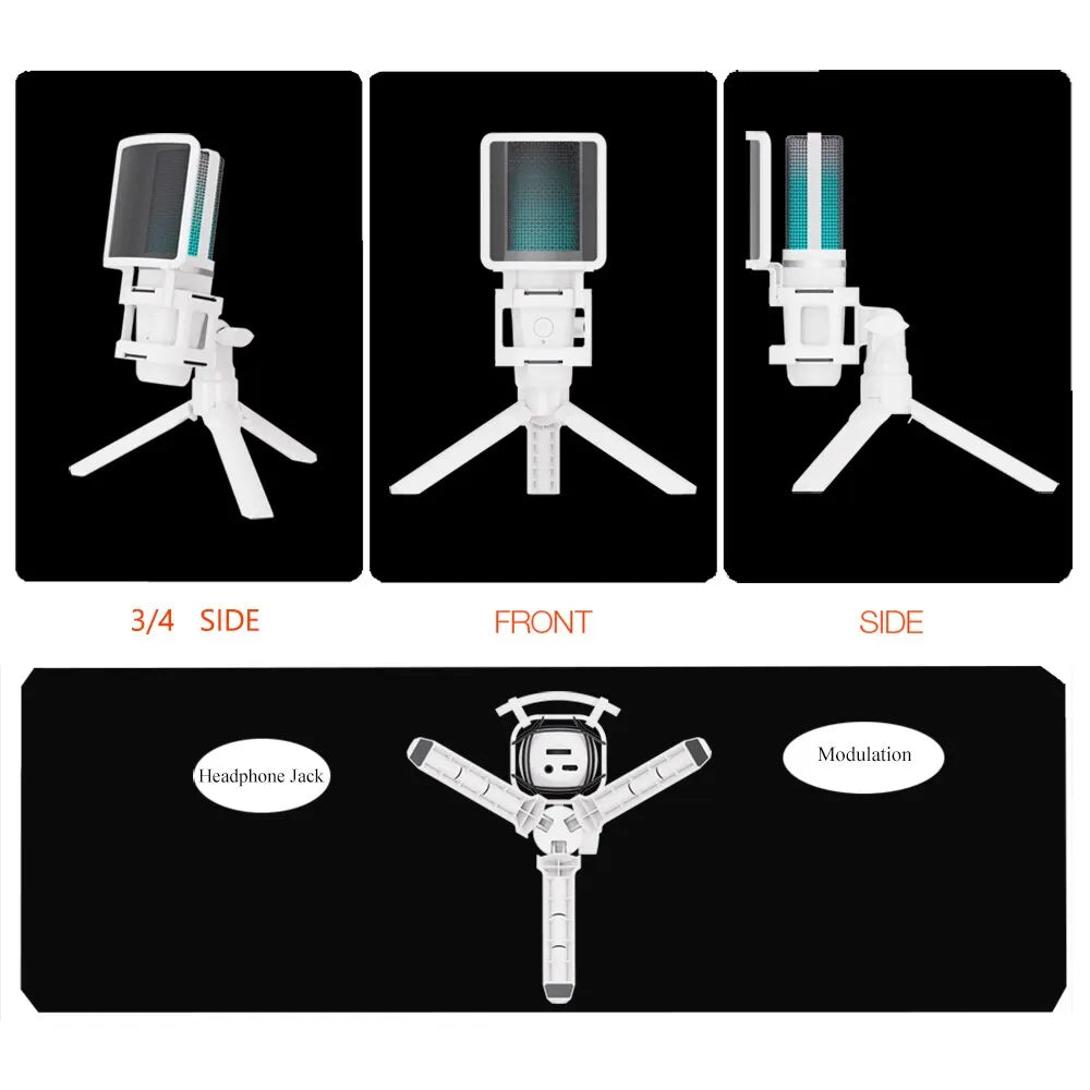 USB Condenser Recording Microphone White RGB Streaming Mic For PC And Mac with Android Phone Adapter Headphone Output