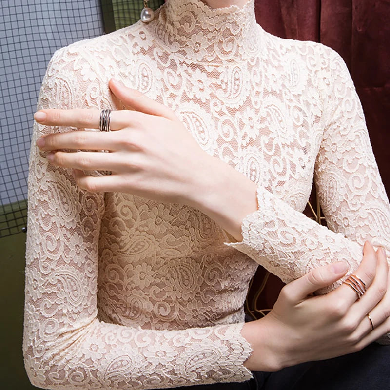 NEW Arrivals S-2XL UK Plus Size 4 Colors Autumn Winter Women Warm Bottoming Pullover Tops Elegant Mock Neck Long Sleeves Shirt Flower Hollow Out Women Lace Blouse