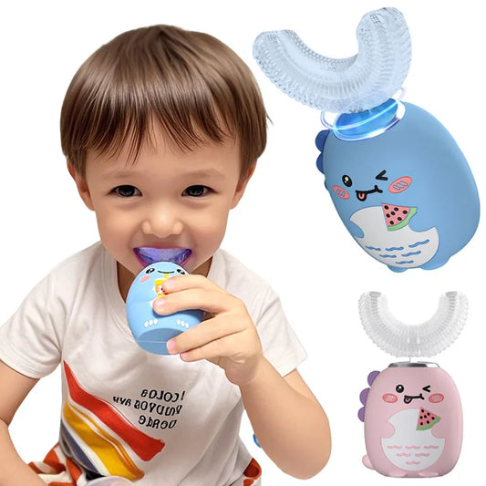 NEW Arrivals Children (3-12Yrs Old) U-Shaped Electric Toothbrush 360 Degrees Smart Cartoon Kids Silicone Toothbrush Automatic Rechargeable Sonic Toothbrush Oral Hygiene Accessories Dental Supplies