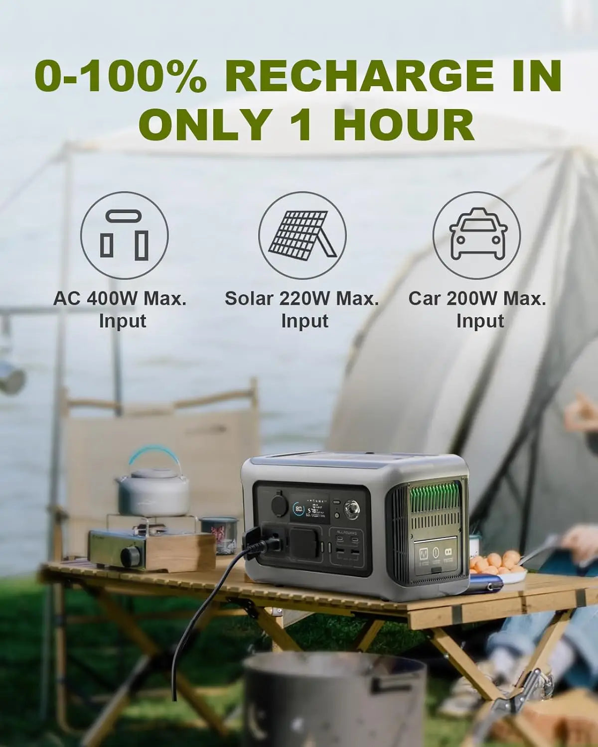 UK Plug  Portable Power Station R600, 299Wh LiFeP04 Battery with 2x 600W (1200W Surge) AC Outlets for Outdoor Camping RV Home