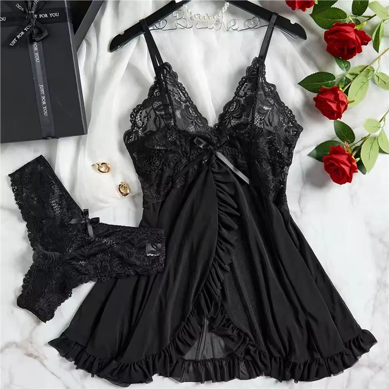 UK S-2XL Plus Size Black/Red Color Sexy Pajamas Sets Sling Transparent Sexy Lingerie Women's Underwear See-Through Sleepwear Lace Nightdress