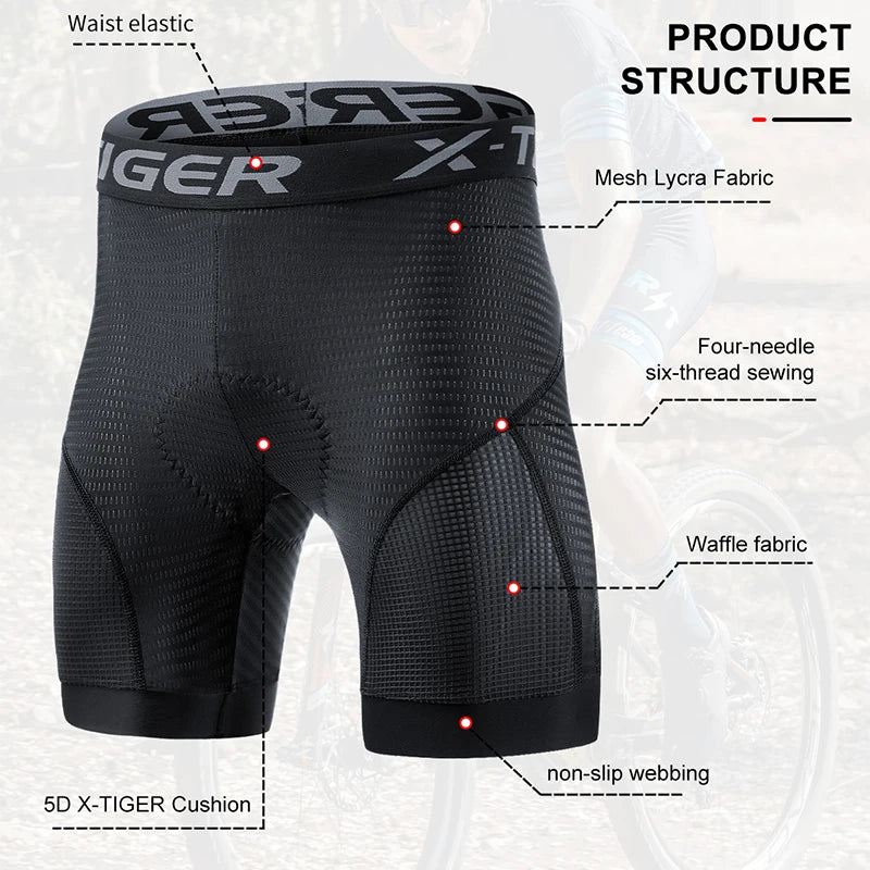 Men's Cycling Underwear Shorts 5D Padded Sports Riding Bike Bicycle MTB Liner Shorts with Anti-Slip Leg Grips