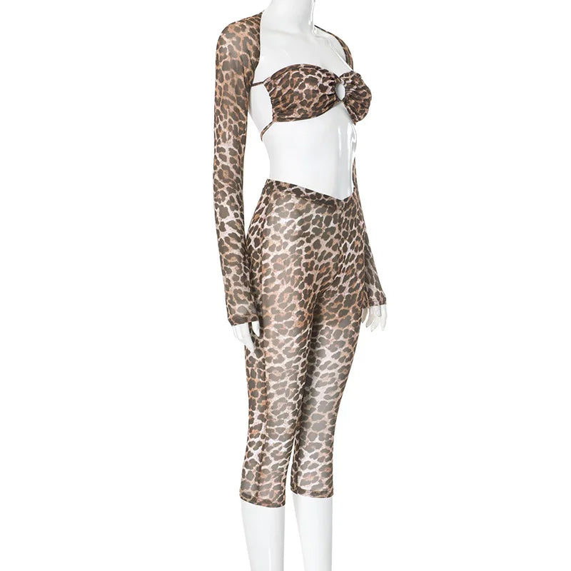 New Sexy Fashion Leopard Transparent Mesh  Long Sleeve Shawl With Lace-Up Tube Tops Perspective Sexy Pant Sets Women Clothing Evening Nightclub Party Outfits Ladies Girls Sexy Fashion Clothing Supplies