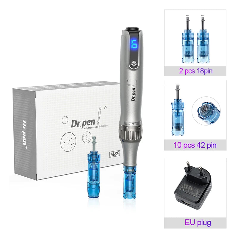 NEW Set Face Eyes Lips Tightening Lifting Rejuvenation Ultima M8S Wireless USB LCD Digital Screen Professional Derma Pen with 12 Needle Microneedle Anti Backflow Micro Pen 0.25 MM Needle Length Ladies Beauty Salon Tools Set S
