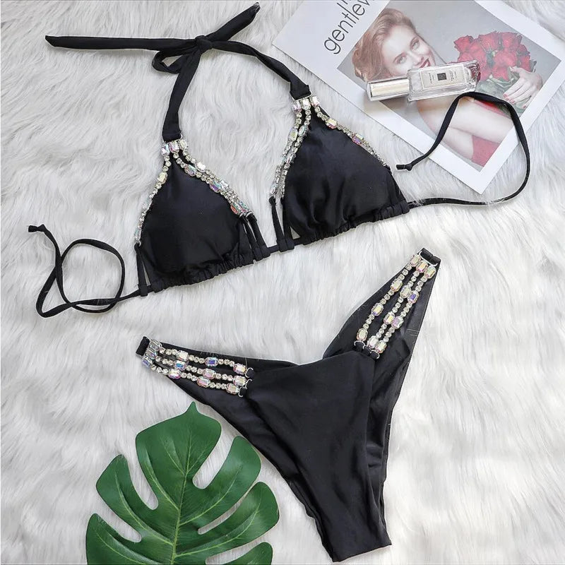 NEW Arrivals Sexy Rose Red/Black S-XL Bikinis Swimsuit With Rhinestones Women Female Swimwear Female Push Up Bikini Beach Swim Wear Bathing Suits Water Pool Bather Girls Ladies Summer Luxury Fashion Apparel Supplies