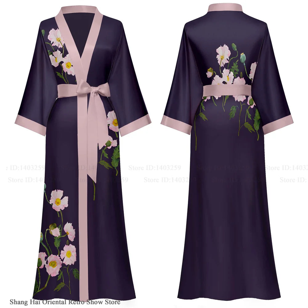 NEW Luxury Japanese Silk Elegant Flower Women Long Robe Loungewear Silky Satin Kimono Bathrobe Gown Spring Autumn New Sleepwear Home Dress Negligee
