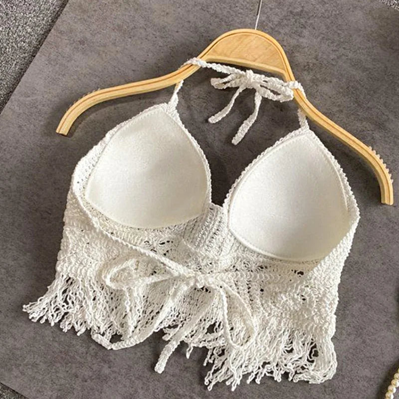 Handmade Sexy Beach Holiday Camisole Halter Women Crochet Knit Swimsuit Bra Backless Vest Hollow Tassel Tank Top Women's Female Crop Tops Girls Ladies Summer Luxury Fashion Clothing Products