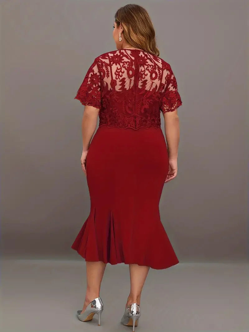 Plus Size Large Size Elegant Dress with Embroidered Patchwork and Solid Color Fashionable Slim Fit Long Dress