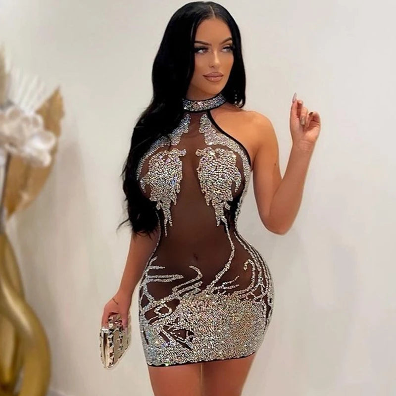 NEW Arrivals S-2XL Asian Size Black/Khaki Color Sexy Party Dress for Women Mesh Sheer See Through Party Club Night Mini Bodycon Dress Luxury Rhinestones Sparkly Birthday Dress