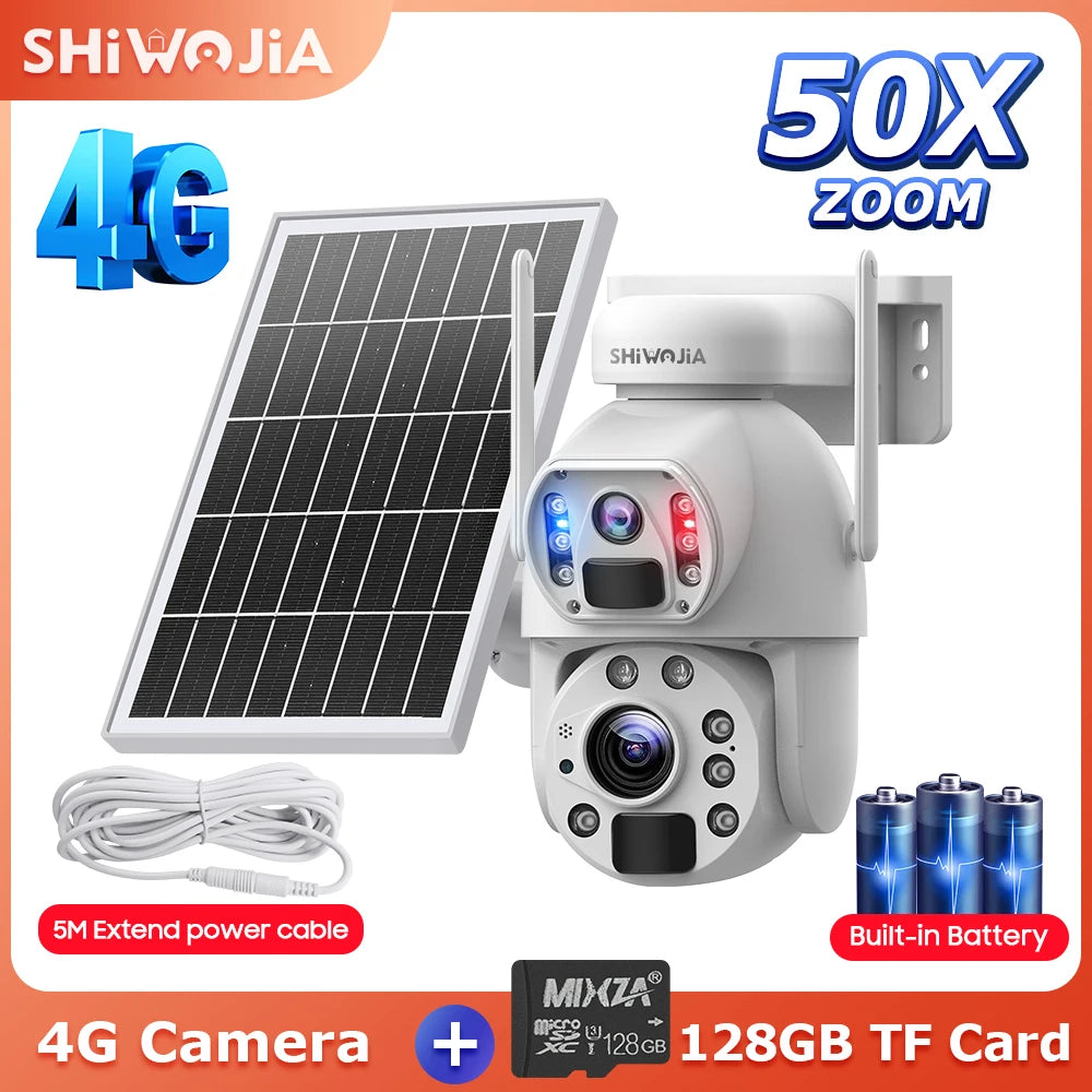 NEW 50X ZOOM 12MP 4G Sim Solar Camera Outdoor 360° Wireless WI-FI Battery Security Cameras Solar Panel PIR Night Vision Recording Home Office Factory Security Systems
