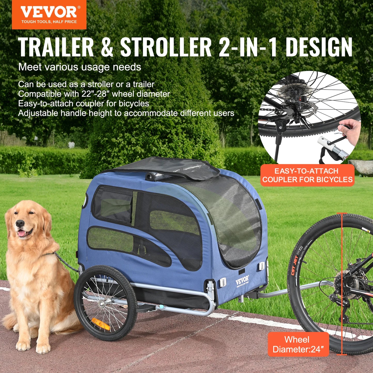 100 lbs Dog Bike Trailer 2-in-1 Pet Stroller Cart Bicycle Carrier with Wheels Coupler Reflectors Flag for Dogs Travel