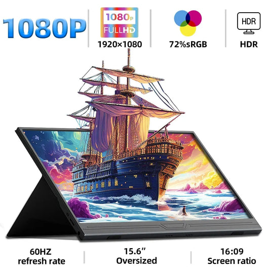 15.6-Inch Portable Monitor 1080P HDR 16:9 Low Blue Light For Xbox PS4 / 5 Switch Cell Phone PC Laptop Extension