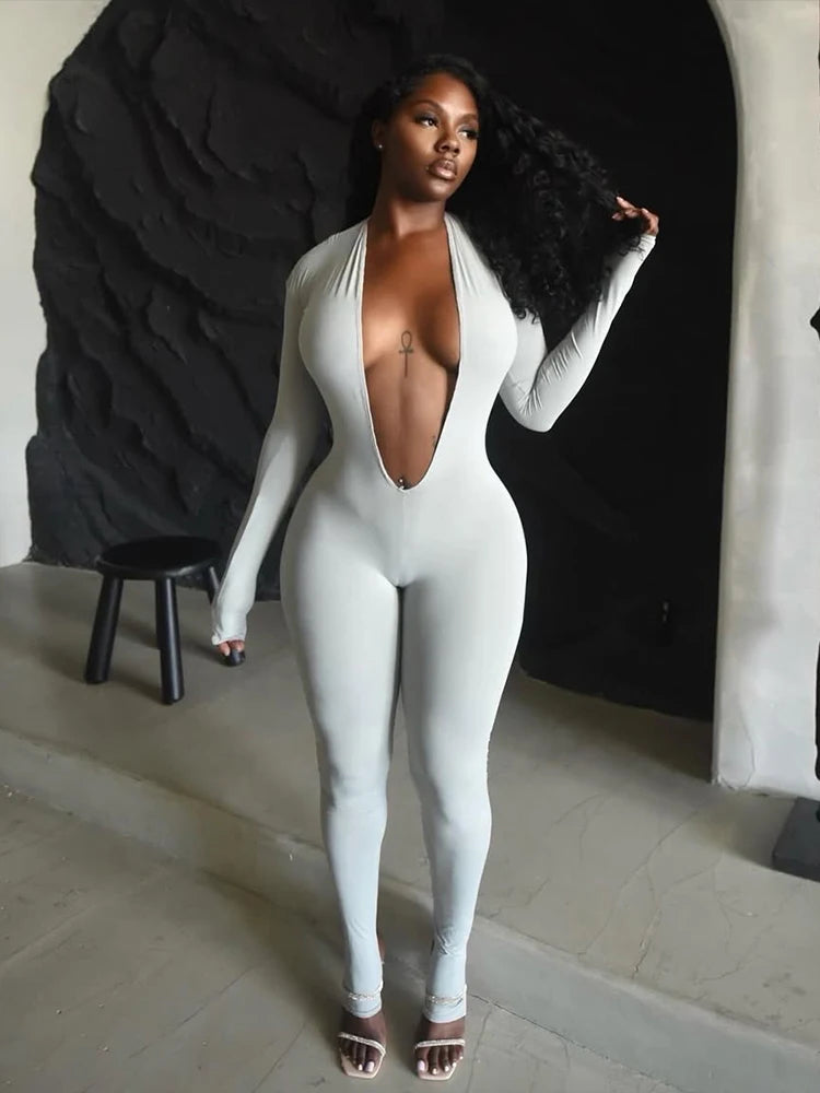 NEW Gray/Black Color Girls Backless Sexy Jumpsuit Women Basic Classics Deep V Neck Full Sleeve Backless Trend Midnight Clubwear Workout Overalls Women Sexy Fashion Clothing Supplies