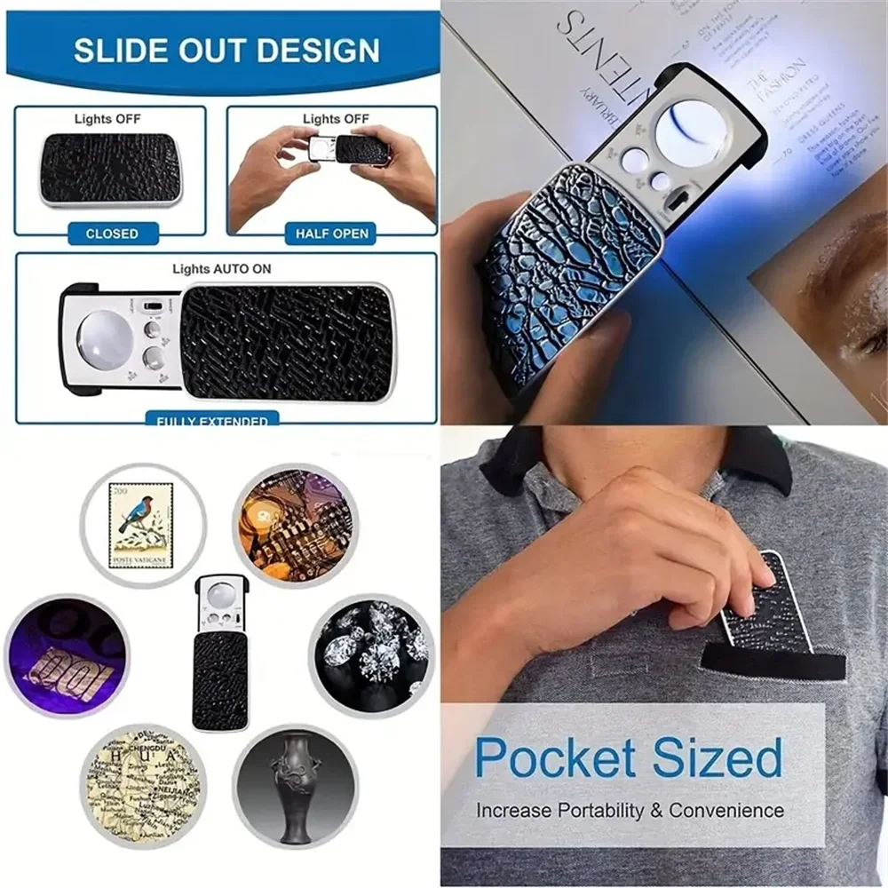 Portable Triplex Magnification Loupe 30X-90X-Slide-Out LED/UV Lighted Jewelry Magnifier for Precision Gemology & Micro-Engraving