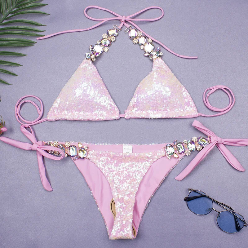 NEW Arrivals Shiny Sexy Bikinis Pink/Blue Color Swimsuit With Rhinestones Women Luxury Swimwear Female Push Up Bikini Beach Swim Wear Bathing Suits Swimming Pool Luxury Bikini