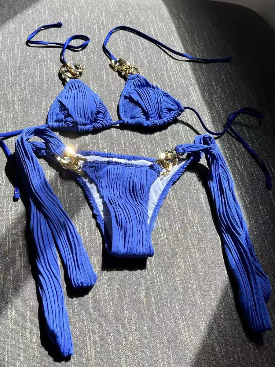 NEW 8 Colors Sexy Halter Metal Rings Bikinis Wrinkled Bikini Female Swimsuit Women Swimwear 2PCS Bikini Set High Cut Bathing Suit Swim Ladies Sexy Swimwear Bikini Set