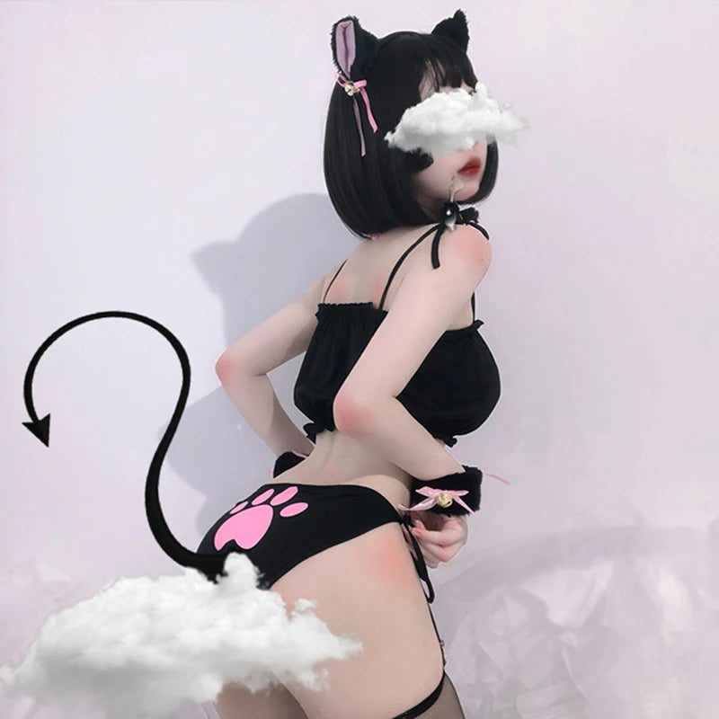 Japanese Anime Cat Cosplay Women Girls Sexy Lingerie Set Mini Ruffle Kawaii Bra Briefs Set Neko Maid Embroidery Ear Choker