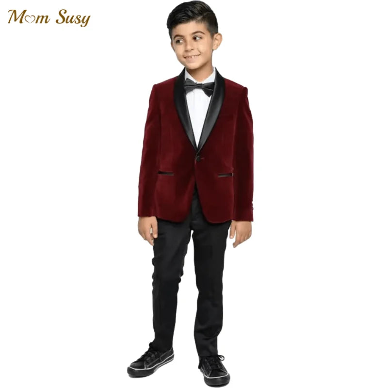 4 PCS Set Green/Black/Red Velvet Suit Luxury Fashion Baby Boy Formal Clothes Set Velvet Jacket Pant Shirt Bowtie Infant Toddler Child Blazer Jacket Baby Clothes Suit 1Y-12Y