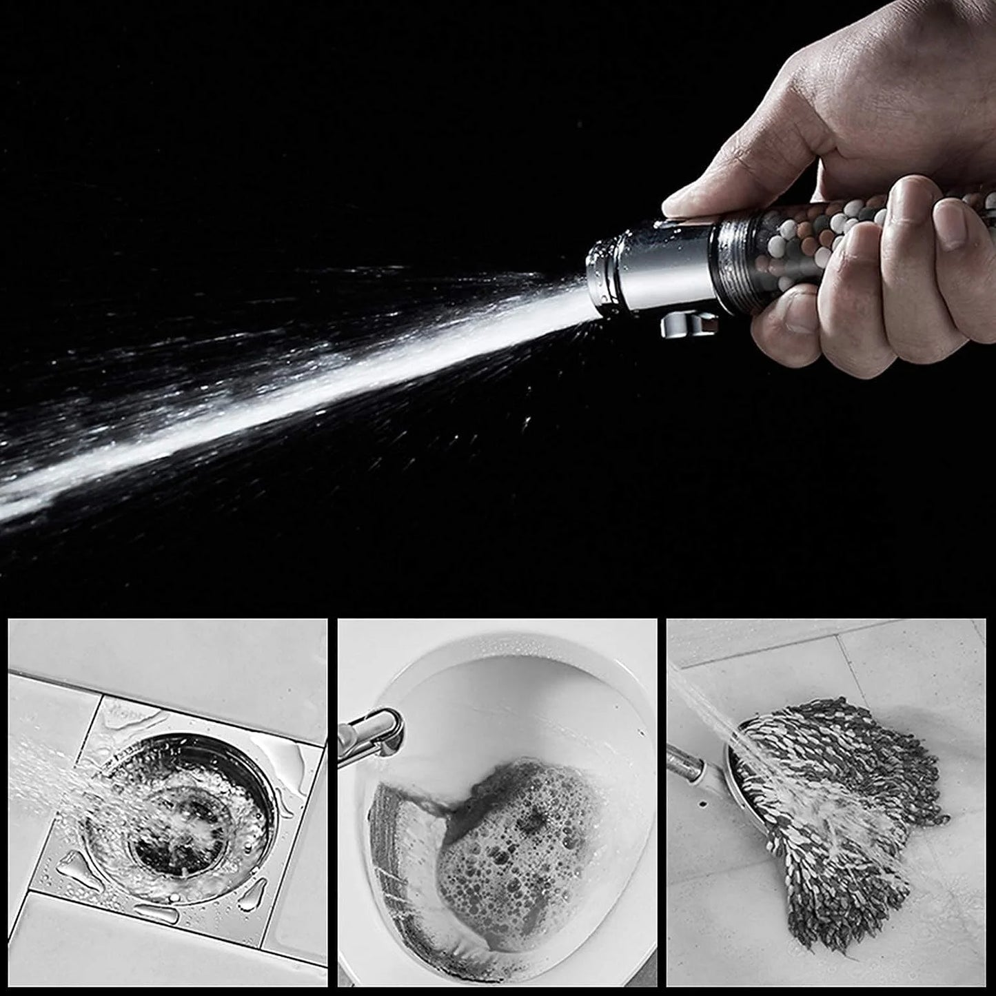 3 Modes Adjustable High Pressure Shower Head SPA Shower Water Saving Filter Balls Replaceable Switch Button One Key Stop Shower