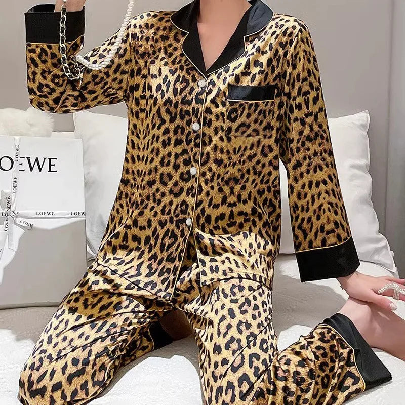 NEW Arrivals Sexy Leopard Silk Autumn Pajamas Women's Long-sleeved Suit High-End New Ice Silk Trousers Loungewear Trendy Loungewear Ladies Girls Luxury Home Wear Clothing Supplies