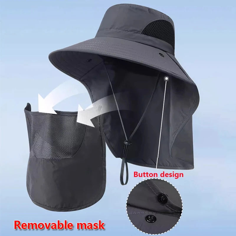 2 PCS Set Summer Sun Hats UV Protection Outdoor Beach Camping Hunting Fishing Cap For Men Women Hiking Camping Visor Bucket Hat Neck Flap Fisherman Hat