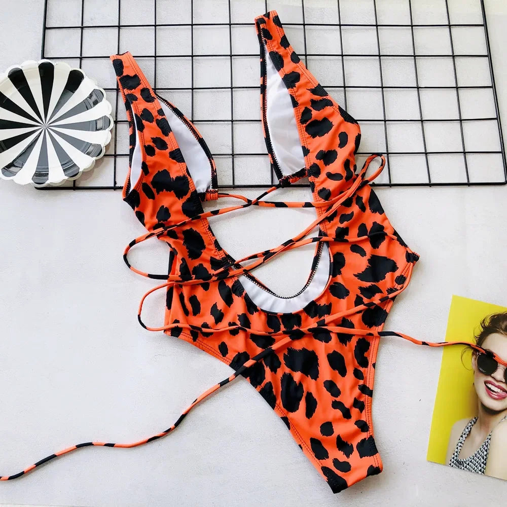 2024 New One-Piece Suits Bikini Leopard Print Hollow Strap Swimsuit Sexy Swimwear Beach Bathing Suits Push Up Bodysuit