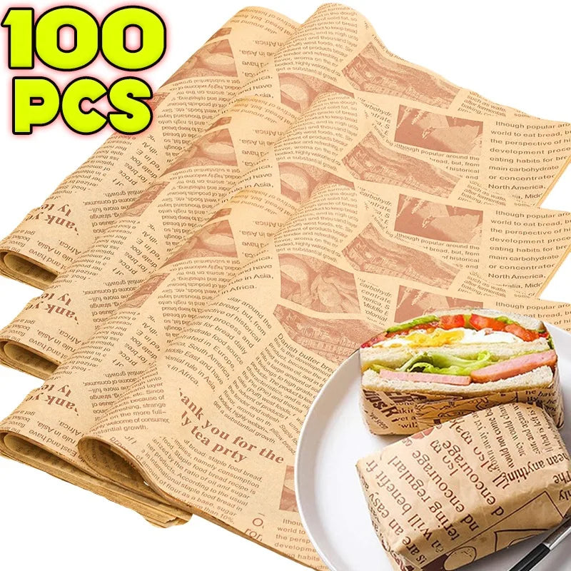 100 PCS Set Oil-Proof Non-Stick Paper Sheet Food Sandwich Packaging Wrap Paper Newspaper Style Greaseproof Deli Paper for Wrapping Burger Bread Cooking Tools Set