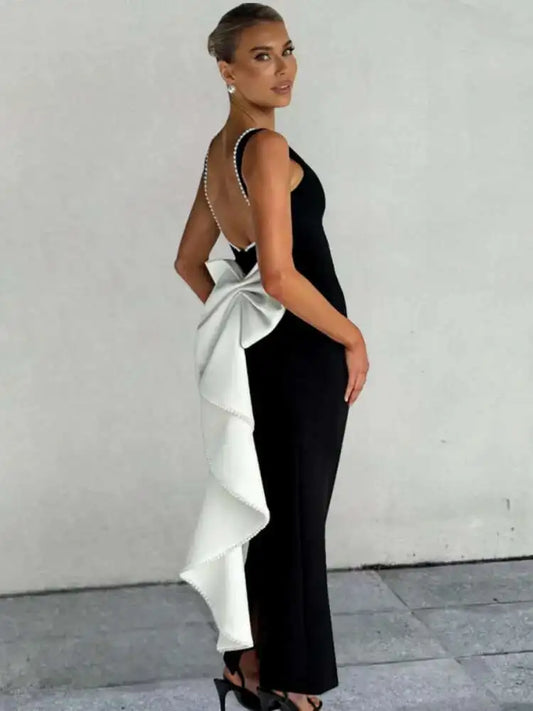 NEW Elegant Pearl Bow Backless Sexy Maxi Dress Women Gown Fashion Sleeveless High Waist A-Line Club Party Long Dress