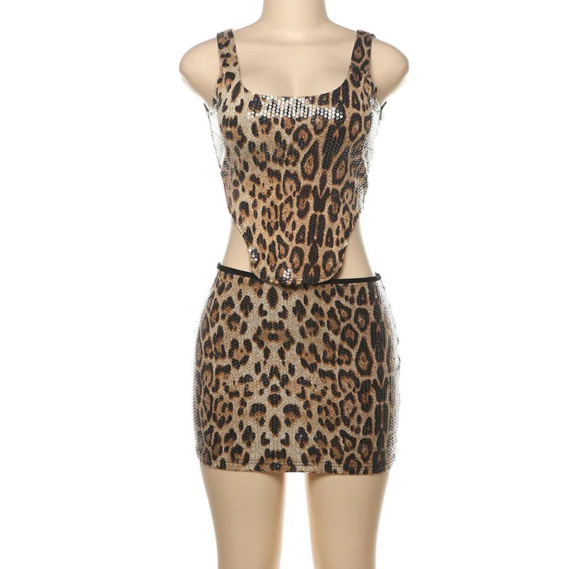 NEW Luxurious 2PCS Set Women Girls Leopard Sequins Backless Crop Top and Mini Skirt Sexy Evening Beach Party Night Clubwear Outfits  Backless Skirt Tracksuits Female Ladies Summer Sexy Fashion Clothing Supplies