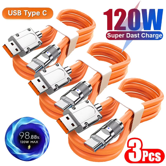 NEW Arrivals 3PCS Set 120W Super Fast Charge Type-C Liquid Silicone Cable Quick Charge USB C Lines For Xiaomi Huawei Samsung USB Phone Data Wire