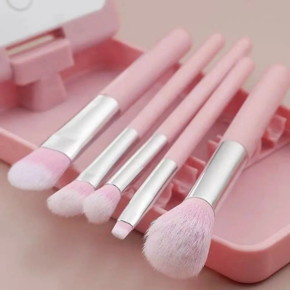 NEW Rotatable Mirror Travel Make-Up Brush with LED Light Adjustable Brightness with 5pcs Brush LED Makeup Mirror Brush Set Foldable Women Cosmetic Sets