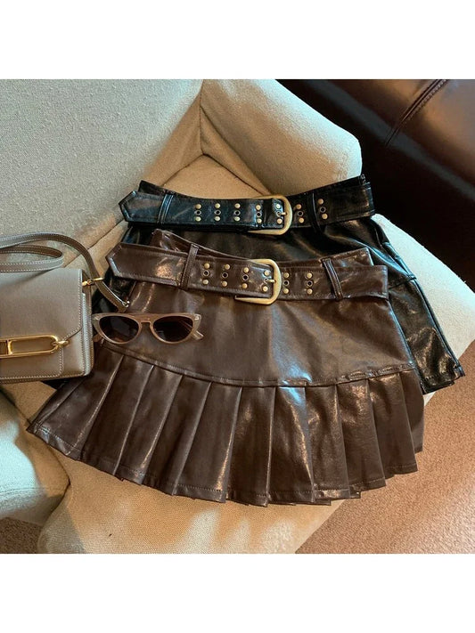 NEW Arrivals Women Black/Coffee Leather Skirt Harajuku Japanese Y2K Vintage Pleated Skirt 90s Aesthetic A-Line Mini Skirt Emo 2000s Punk Clothes Girls Sexy Casual Fashion Clothing Supplies