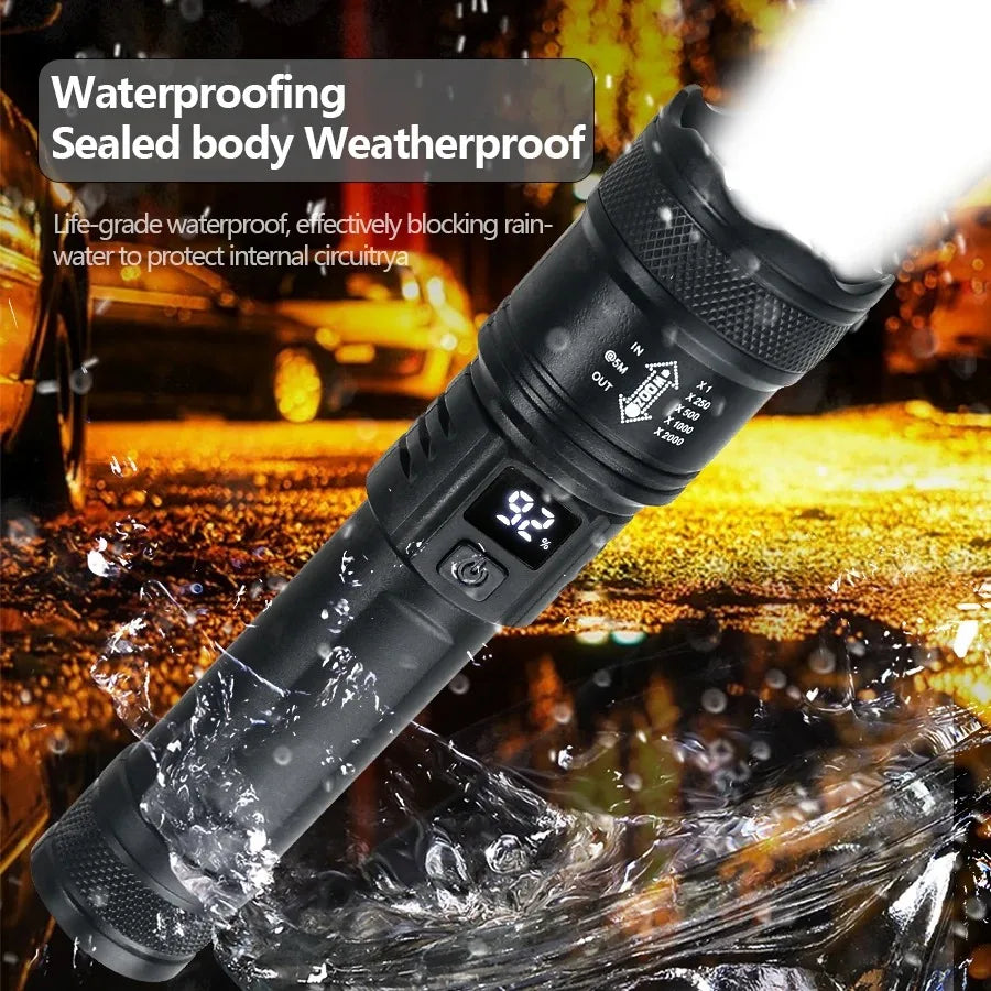 3 PCS Set 500m Lighting Distance Rechargeable LED Flashlight 10000LM Zoomable Torch Waterproof 5 Modes with LCD Display  Charging for Camping Hiking Night Walking Emergency Tools