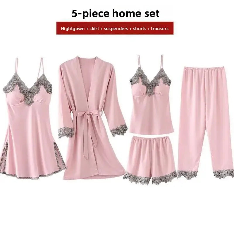 NEW Arrivals S-3XL Plus Size 5PCS Set 4 Colors Silk Feel Luxury  Pajamas Set Chubby Women's Nightgown Lingerie Sleepwear V Neck Home Clothes Fun Adult Toys And Games Ladies Sleepwear Sets