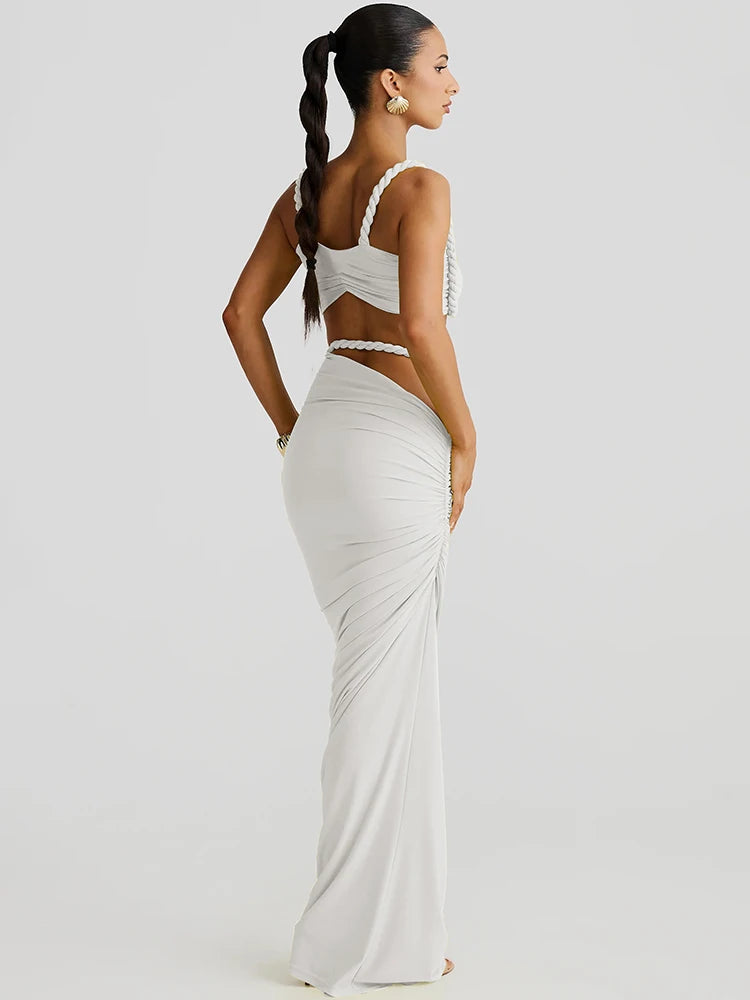 NEW 2PCS Set S-XL UK Size 12 Colors Italian Design Square Collar  Women Bra +Skinny Long Skirts Bandage Ruched  Summer Vacation Beach Party Trend Suits