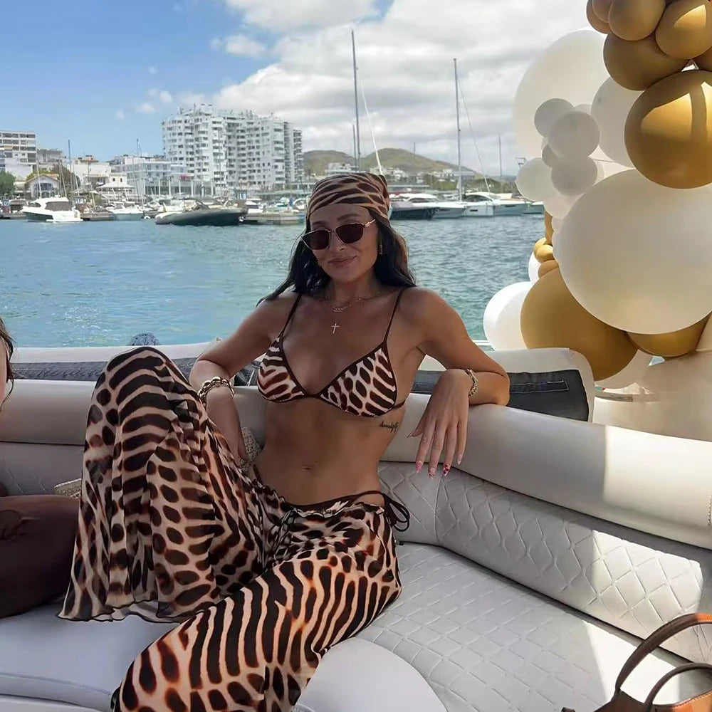 NEW 3PCS Set Tiger Bikini Swimsuit with Cover Up kimonos Swimwear Women Bathing Suit Micro Bikini Set Swimming Suits Biquini Ladies Summer Swimwear Suits