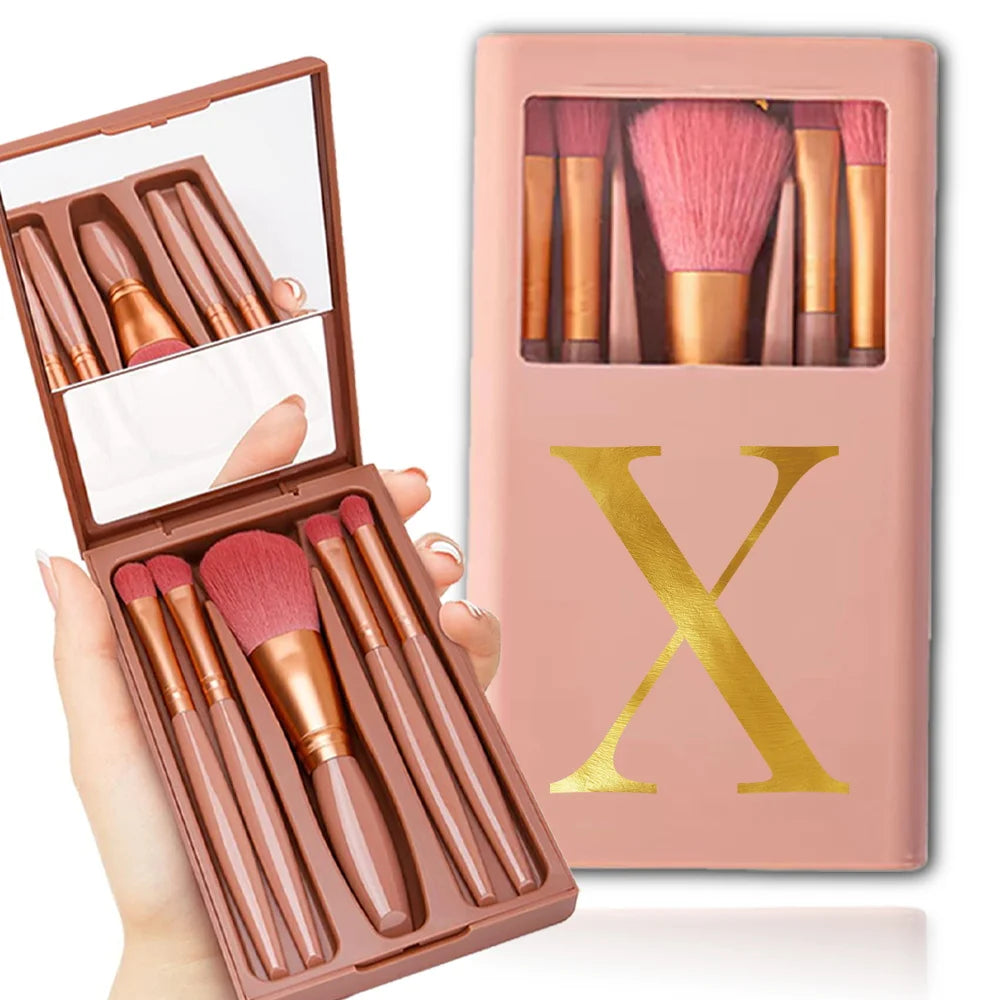 NEW Arrivals 5 PCS Set  Cosmetic Brushes Travel Kit With Mirror Organizer Case Make-Up Powder Smudge Brush Set Full Series Storage Box Letter Pattern Women Cosmetic Accessories