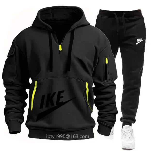 NEW Arrivals 2PCS Set S-3XL 8 Colors Men's Outdoor Gym Running Hiking Fitness Long Sleeved Hooded Sweatshirt and Casual Sweatpants Suit, Multi Zipper Design, Autumn/Winter Male Men Sports Fashion Apparel Supplies