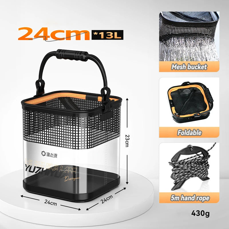 10/13L New Fishing Folding Bucket Lure Live Fish Bucket Transparent Wild Portable Fishing Dry Bag with Mesh Hole