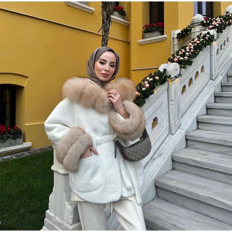 UK Size White/Gray/Brown/Black Color Hoody Mink  Fur Furry Coats Women Fashion Belt Long Sleeve Pocket Thicken Warm Jacket Autumn Winter Urban Lady Streetwear