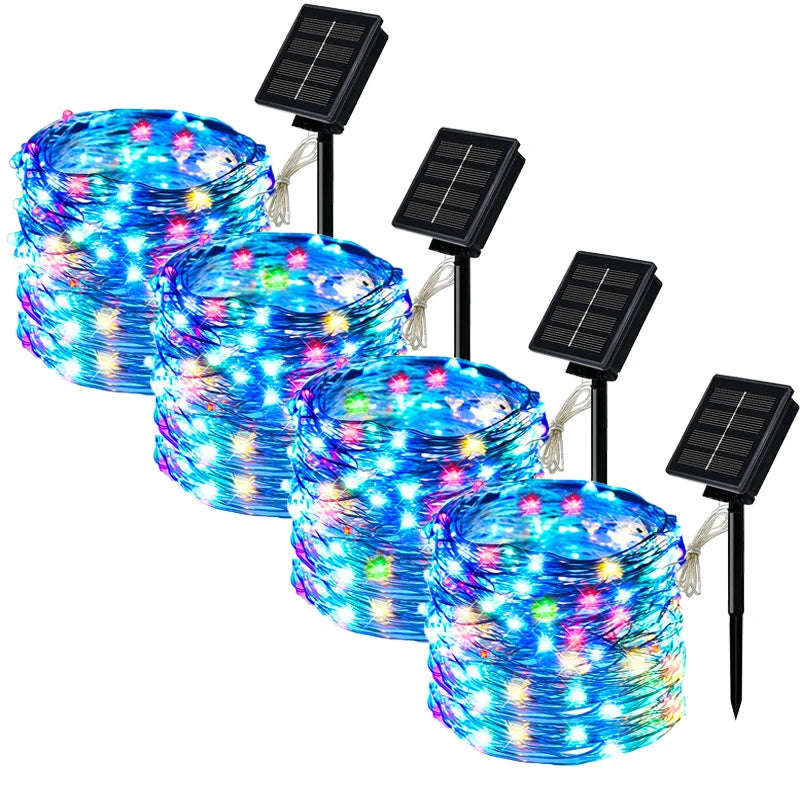 4 PCS Set 22m-200LEDS Outdoor Solar String Light LED Fairy Garland Copper Wire Light Garden Yard Party Christmas Decoration Lamp 8 Mode