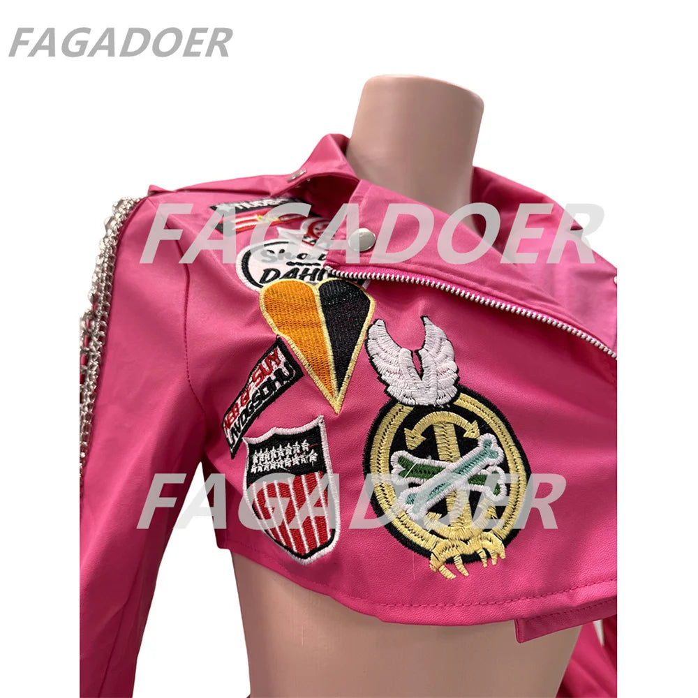 NEW Arrivals Y2K Rose Pink Leather Jacket Women Punk Moto Coat Lapel Chain Patchwork Cropped Jackets Hot Girl Autumn Winter Outwear