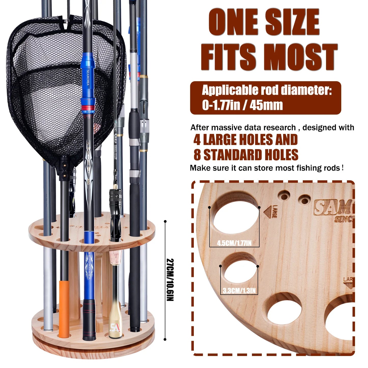 360 ° Rotation Wooden 12 Slots Round Fishing Rod Holder Upgrade And Strengthen Space Saving Storage Organizer Roove Fishing Gear