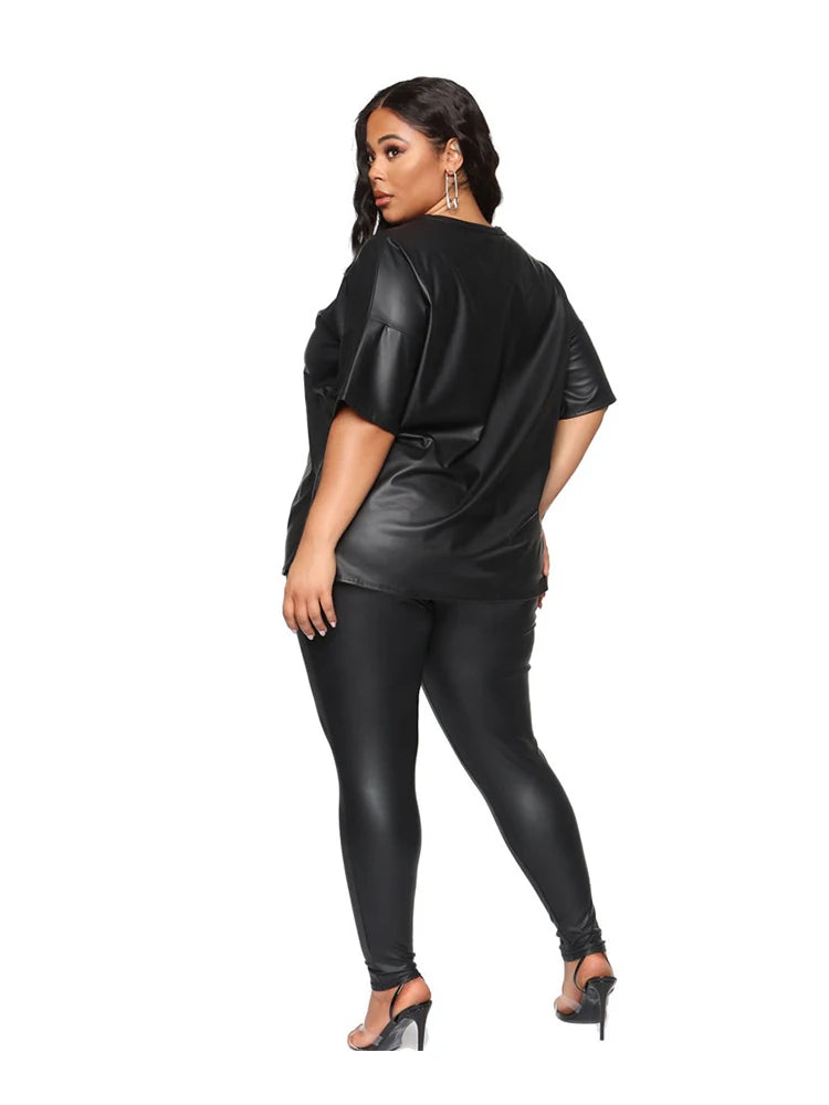 2 PCS Set XL-5XL Plus Size For Curvy Women and Big Girls Summer Clothes Leather Night Clubwear Outfit  Short Sleeve Blouse Top and Stretchy Leggings Ladies Suits in Black