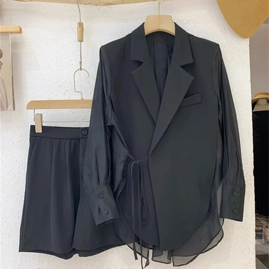 2PCS Set Luxury Women Summer Workwear Shirt Patchwork Short/Long Blazers Shorts Suits  New  Office Lady Lace Up Tops Pants Outfits Ladies Luxury Fashion Clothing Supplies